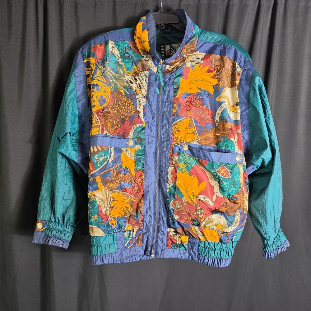 Vintage River Edge 90s Scarf Print Windbreaker Jacket Teal Blue Gold Mens Medium